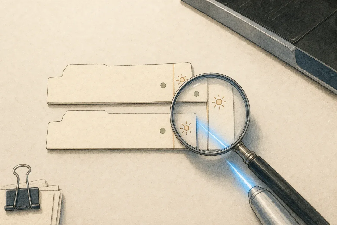 A magnifier inspecting two nearly identical file labels, revealing a small but decisive difference