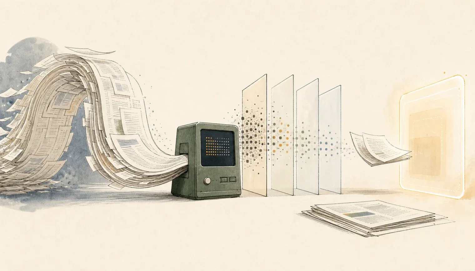 Pages of files passing through a reading device and a filter, leaving only a little content for the context window